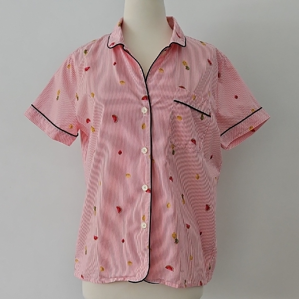 J Crew Pink Striped Pajama Top With Fruits Size Medium 100% Cotton